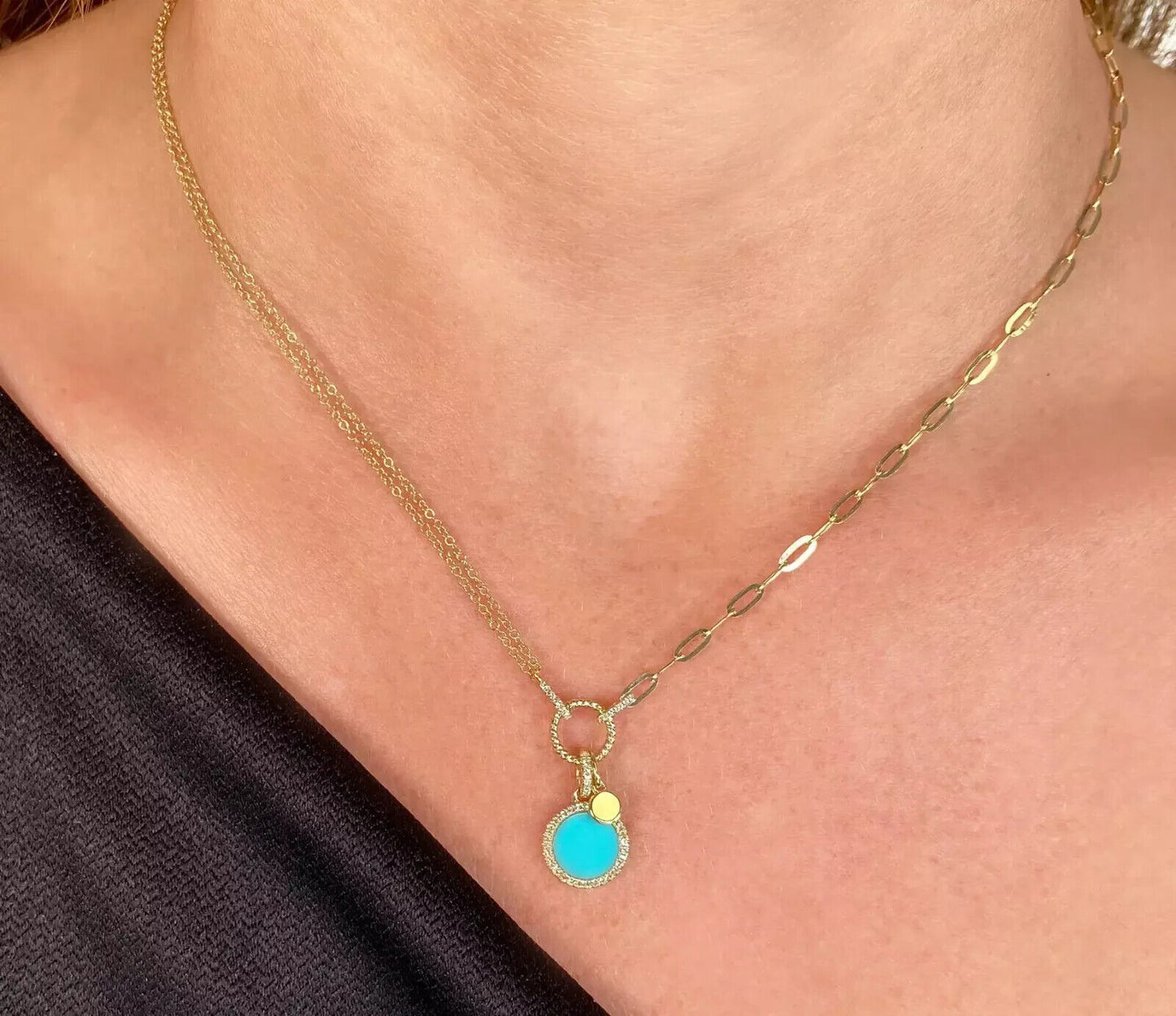 14K Gold Diamond Turquoise Paperclip Necklace