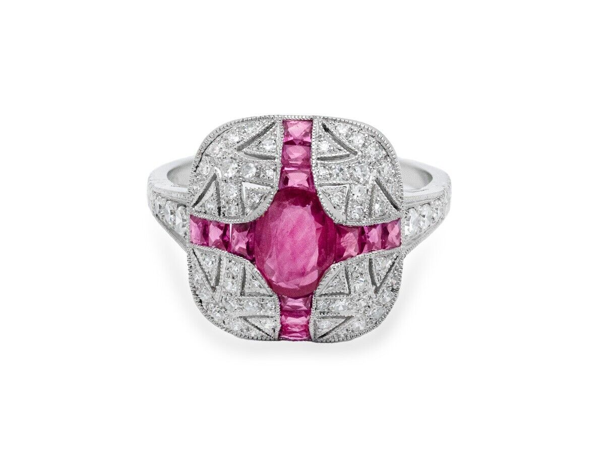 Art Deco Oval Ruby And Diamond Cocktail Ring In Platinum