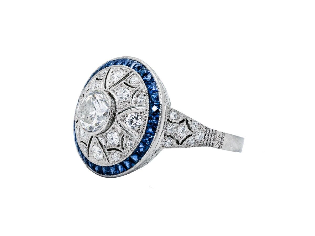 Art Deco Blue Sapphire Diamond Engagement Ring Antique Inspired