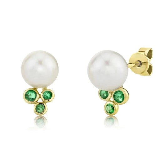 14K Gold Emerald Pearl Stud Earrings