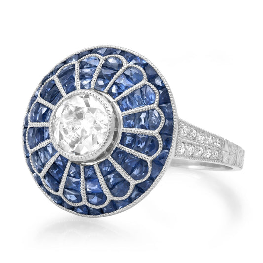 Art Deco Old Mine Cut Diamond Sapphire Platinum Ring