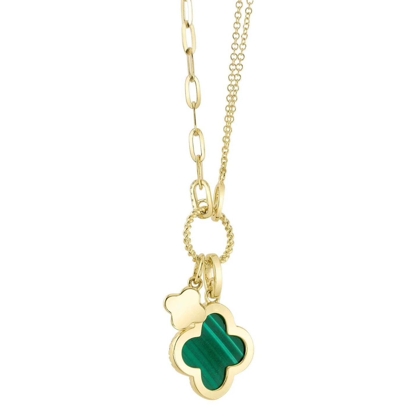 14K Gold Diamond Malachite Clover Necklace