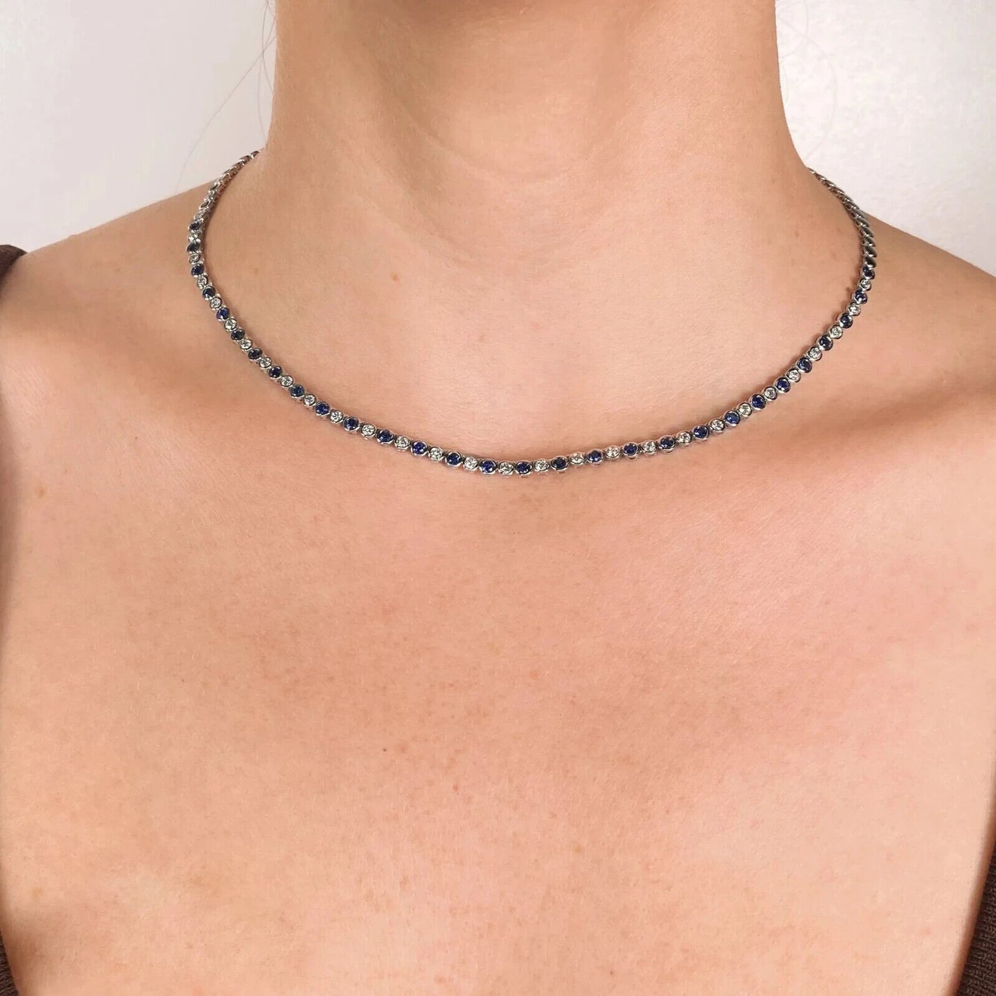 14K Gold Diamond Blue Sapphire Bezel Tennis Necklace