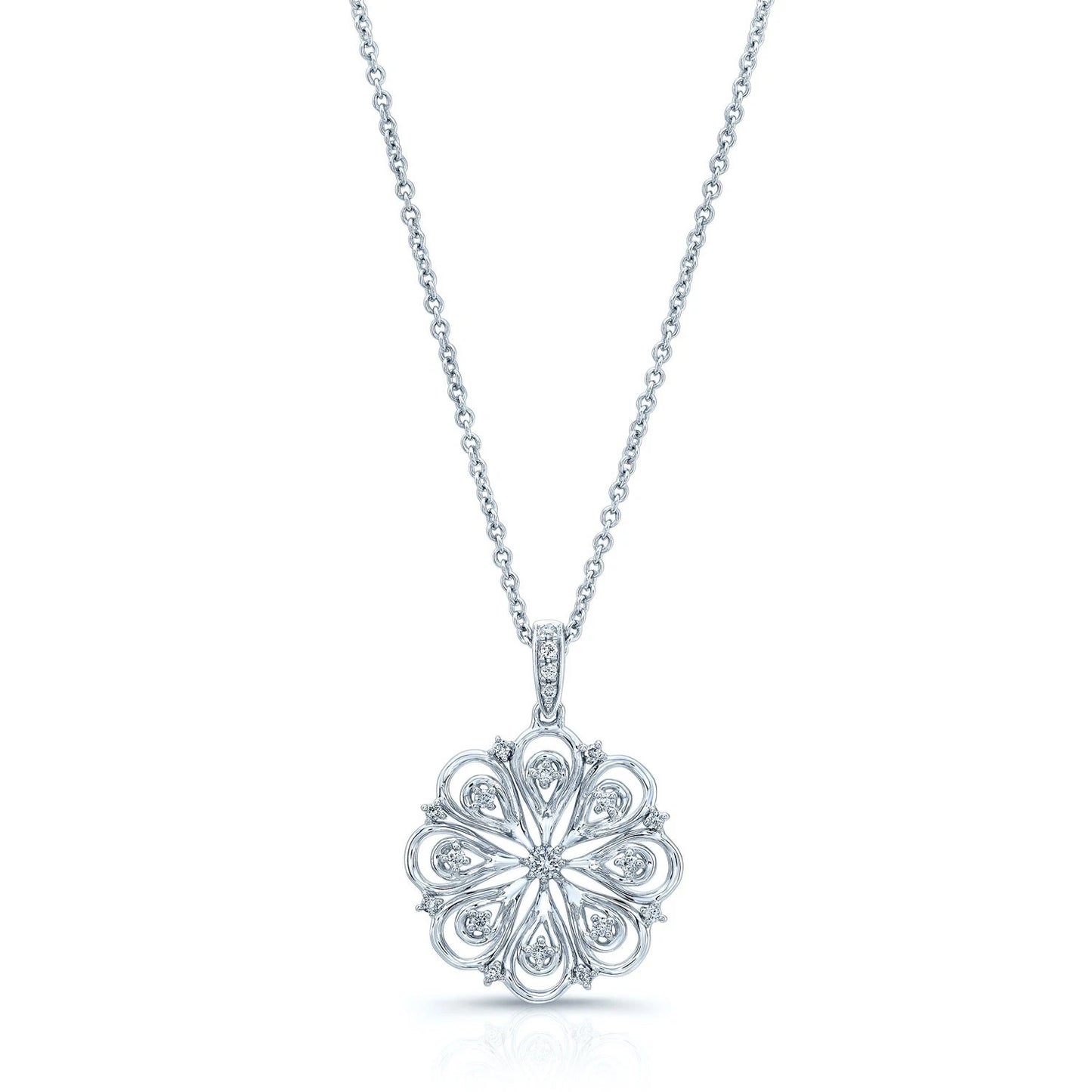 Diamond Flower Necklace 14K White Gold Teardrop Certified Natural 0.15 CT
