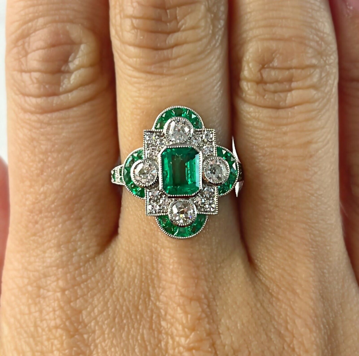 Art Deco Diamond Emerald Platinum Ring Handmade Certified Natural