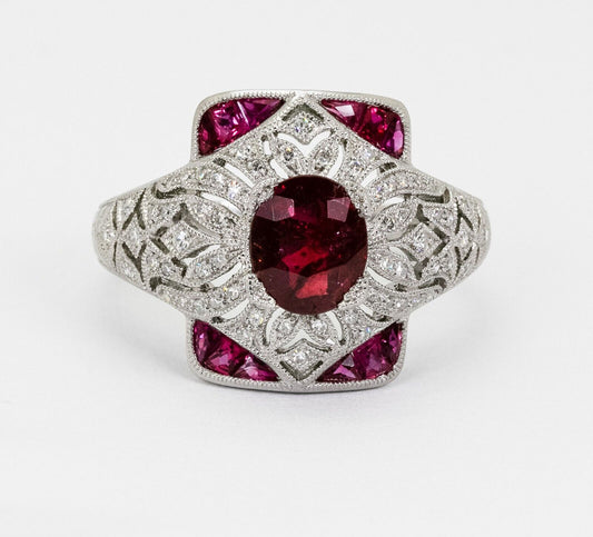1.52 CT Ruby Diamond Art Deco Platinum Ring