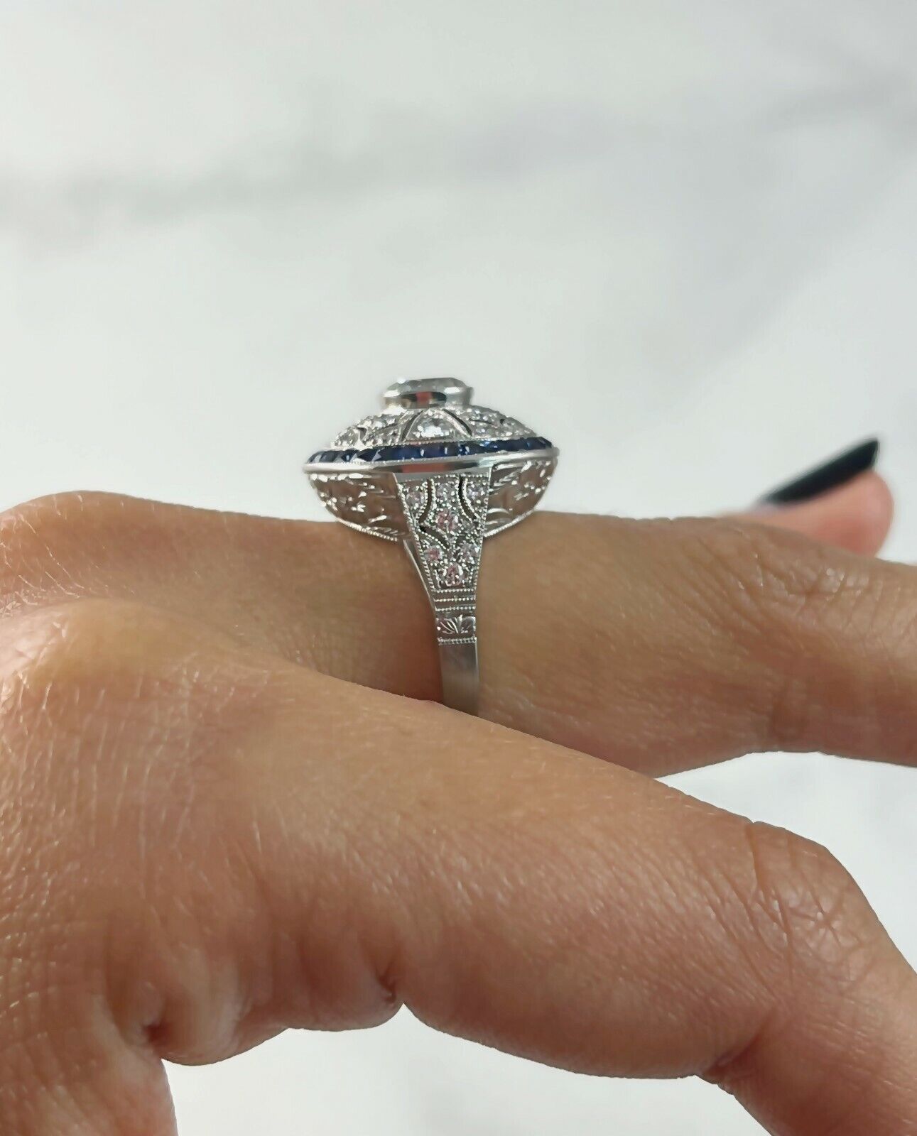 Art Deco Blue Sapphire Diamond Engagement Ring Antique Inspired