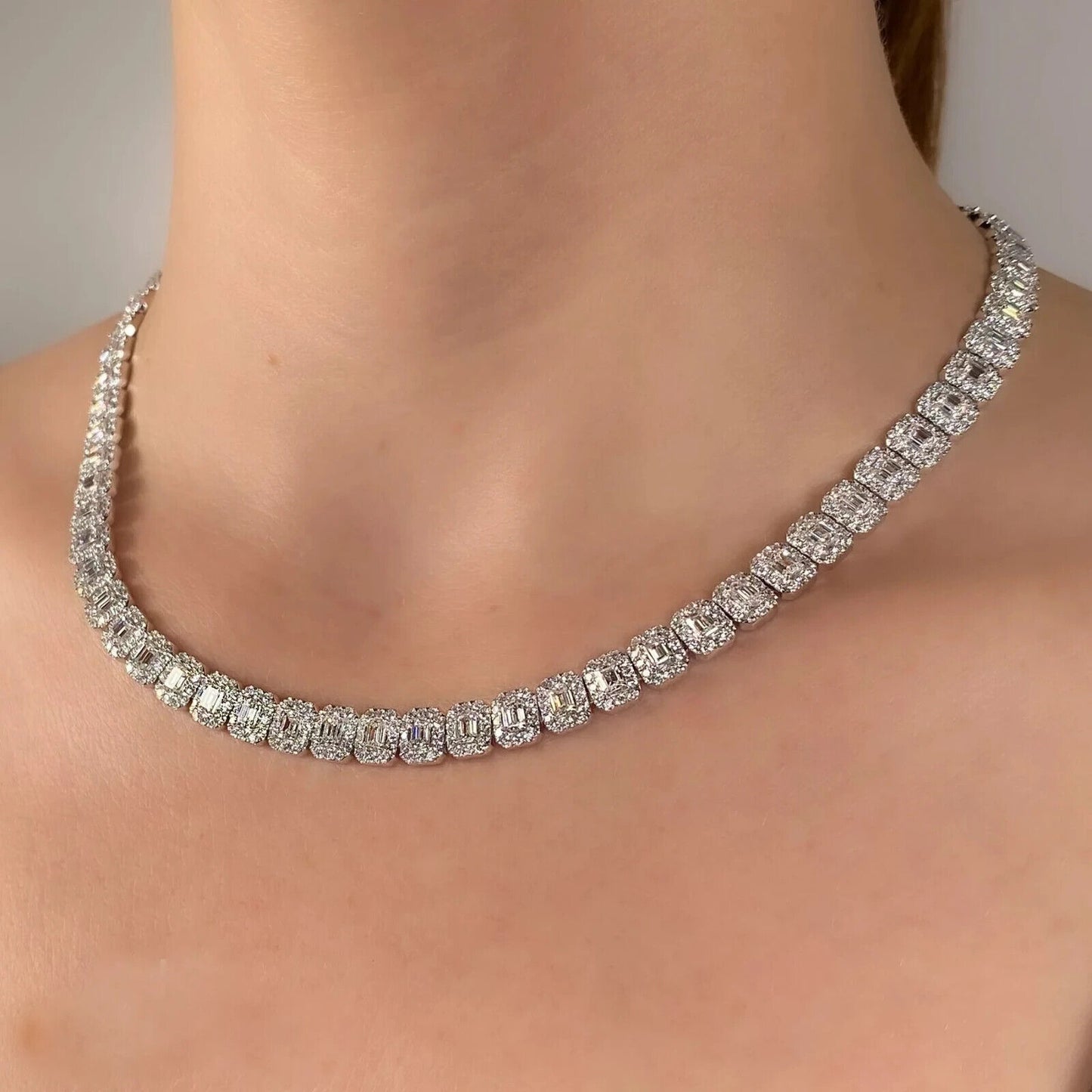 14K Gold Emerald Cut Diamond Tennis Necklace