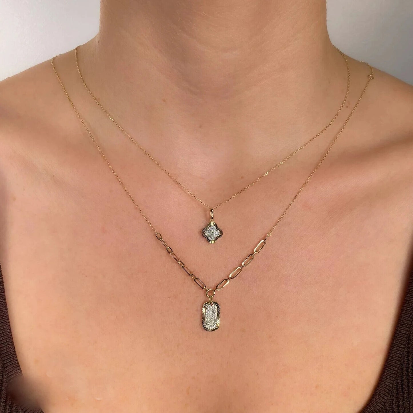 14K Gold Diamond Dog Tag Link Necklace