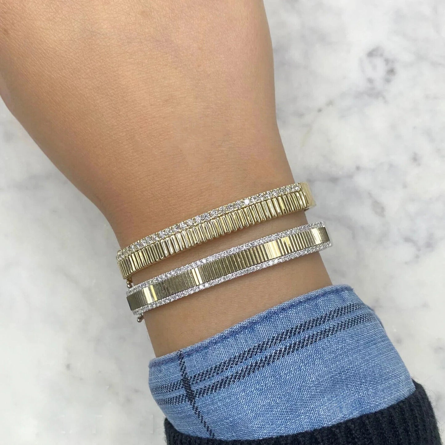 14K Gold Diamond Fluted Bangle