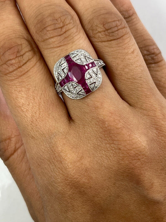 Art Deco Oval Ruby And Diamond Cocktail Ring In Platinum