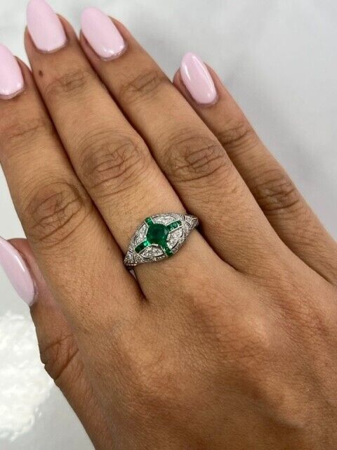 Art Deco Diamond And Emerald Platinum Ring Antique Inspired Natural