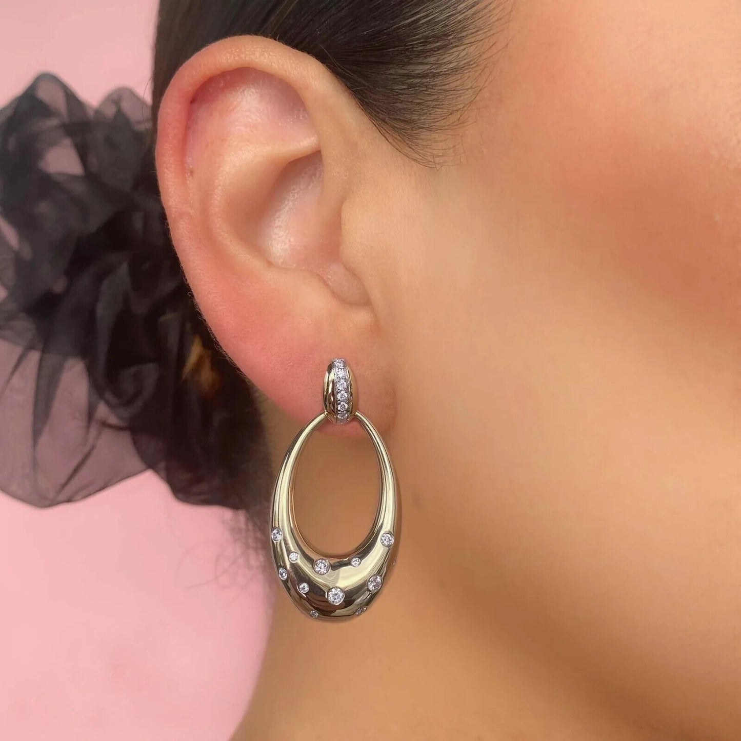 14K Gold Diamond Oval Earrings