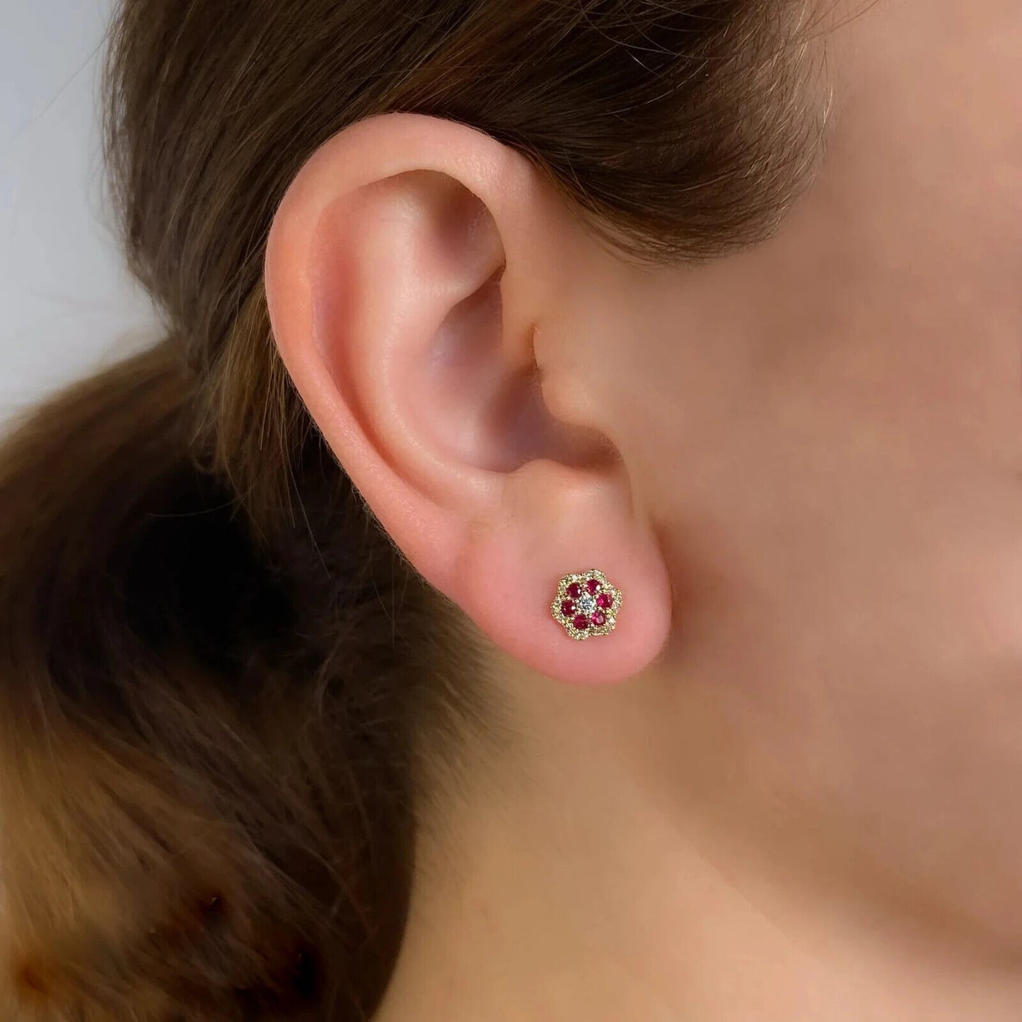 14K Gold Diamond Ruby Flower Earrings