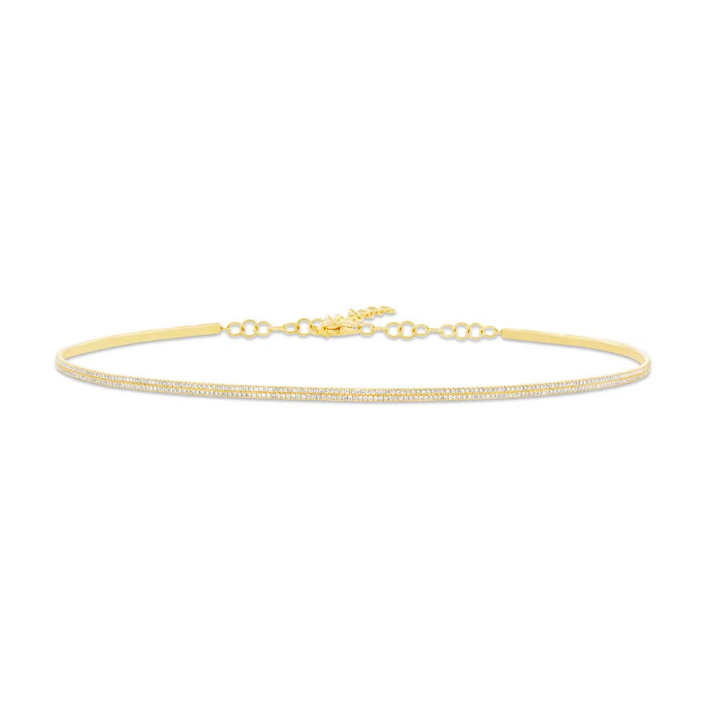 0.77CT 14K Yellow Gold Natural Round Diamond Pave Choker Necklace Adjustable 2mm