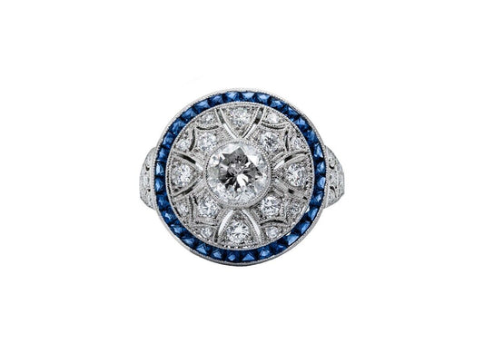 Art Deco Blue Sapphire Diamond Engagement Ring Antique Inspired