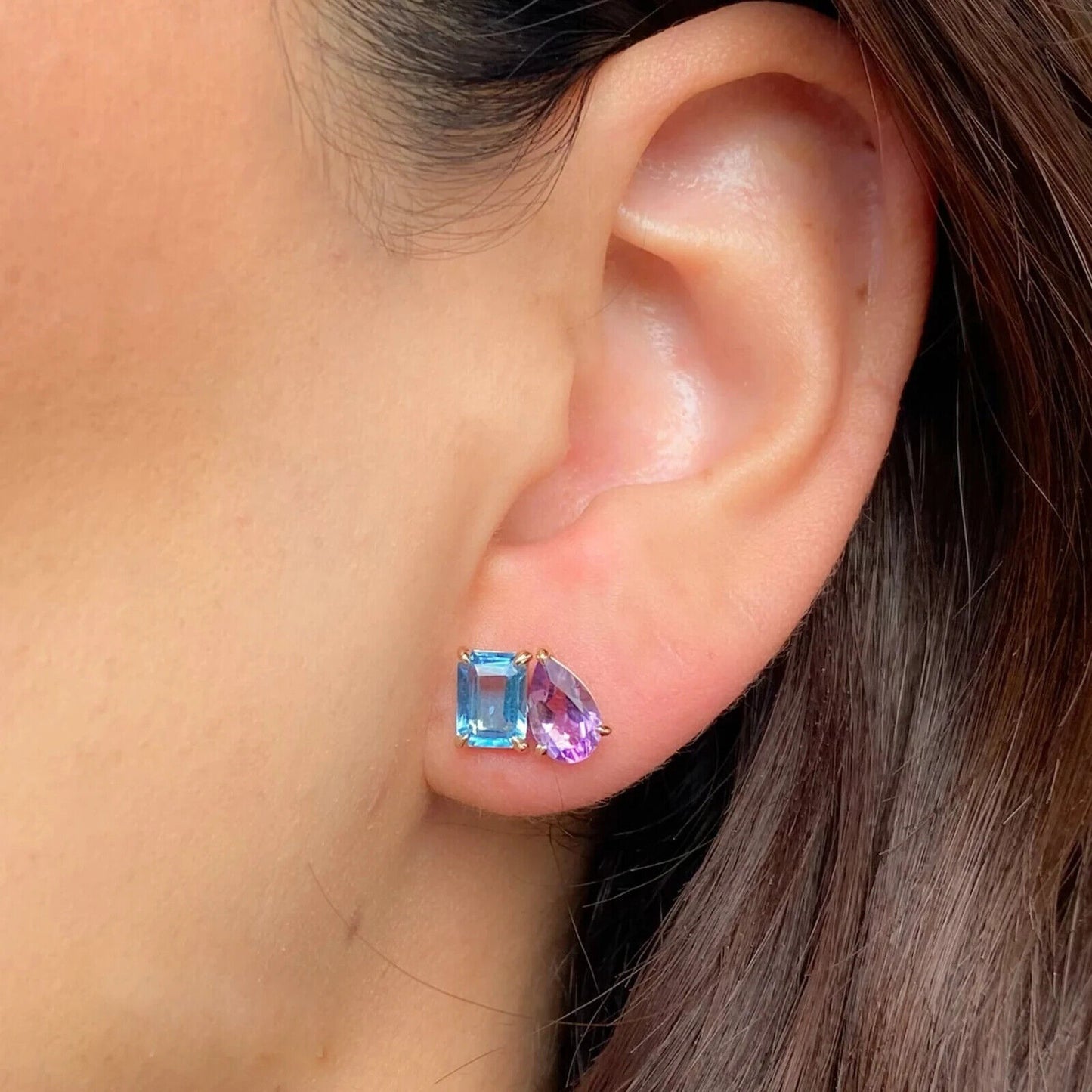 14K Gold Blue Topaz Amethyst Stud Earrings