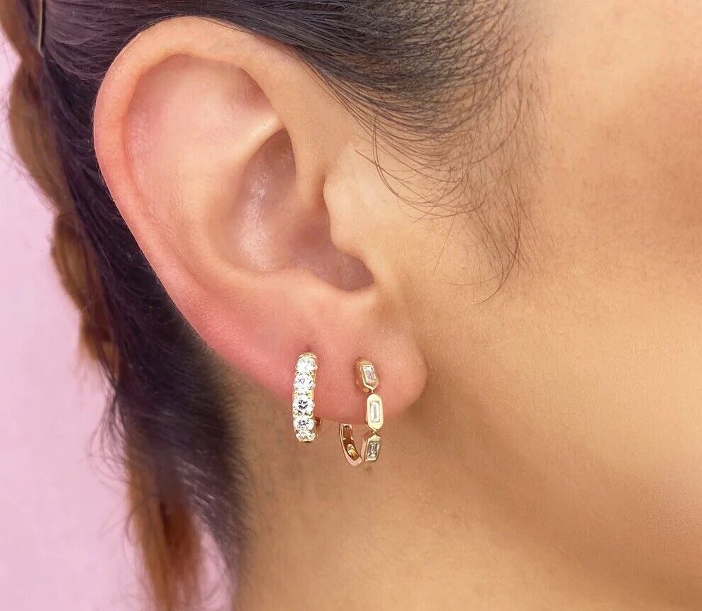 14K Gold Baguette Diamond Oval Hoop Earrings