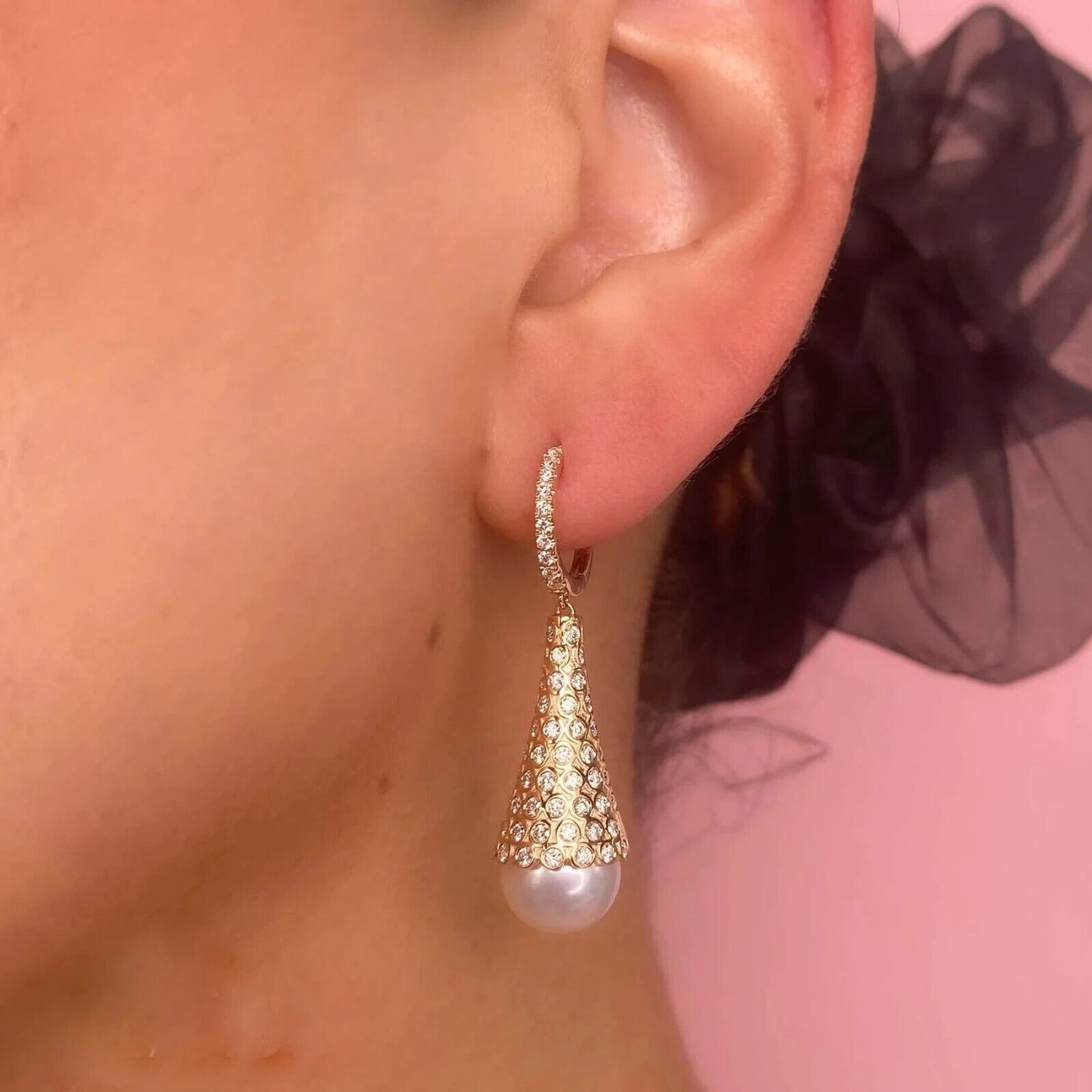 14K Gold Diamond Pearl Drop Earrings