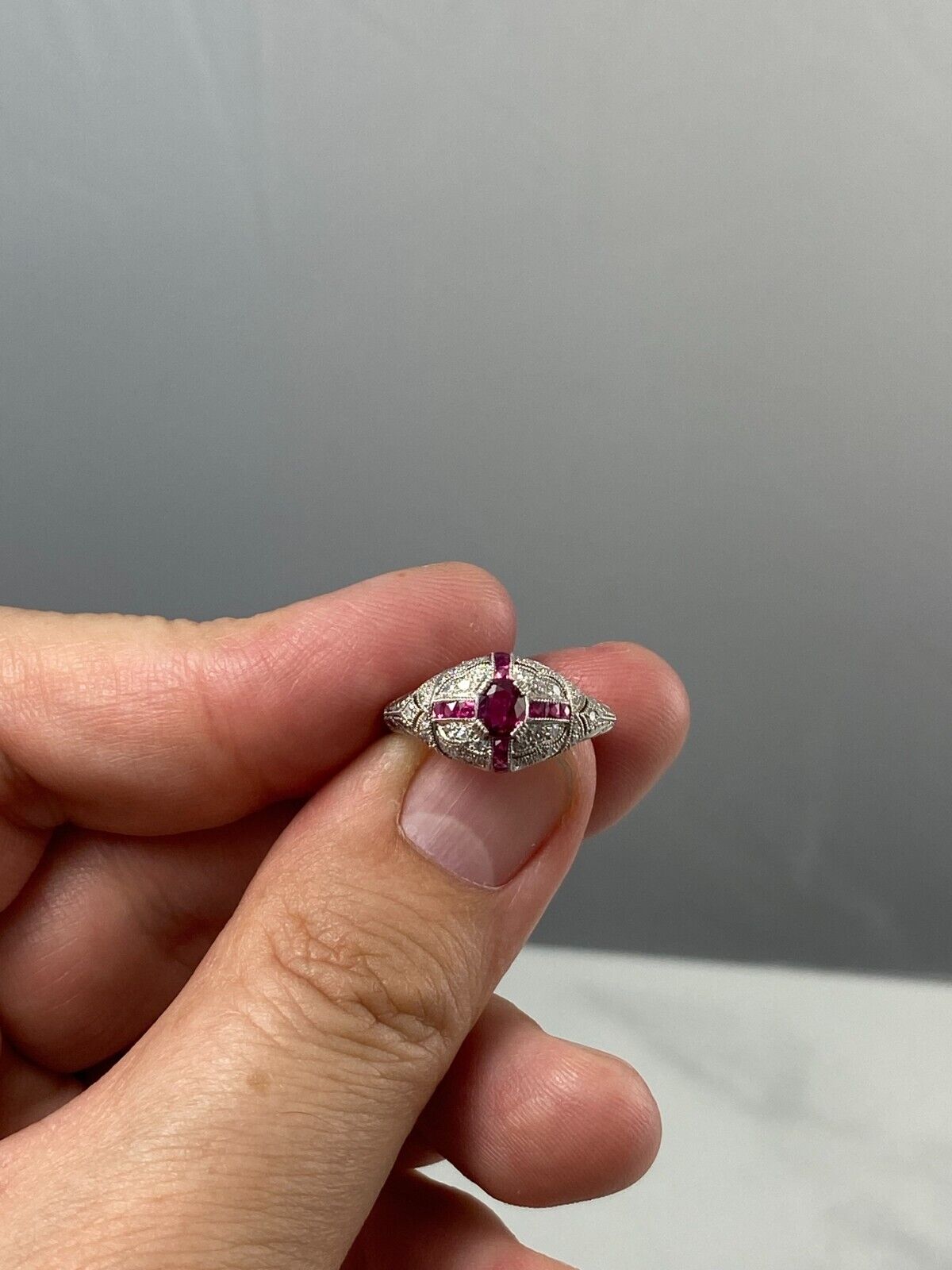 Oval Ruby & Diamond Platinum Art Deco Ring