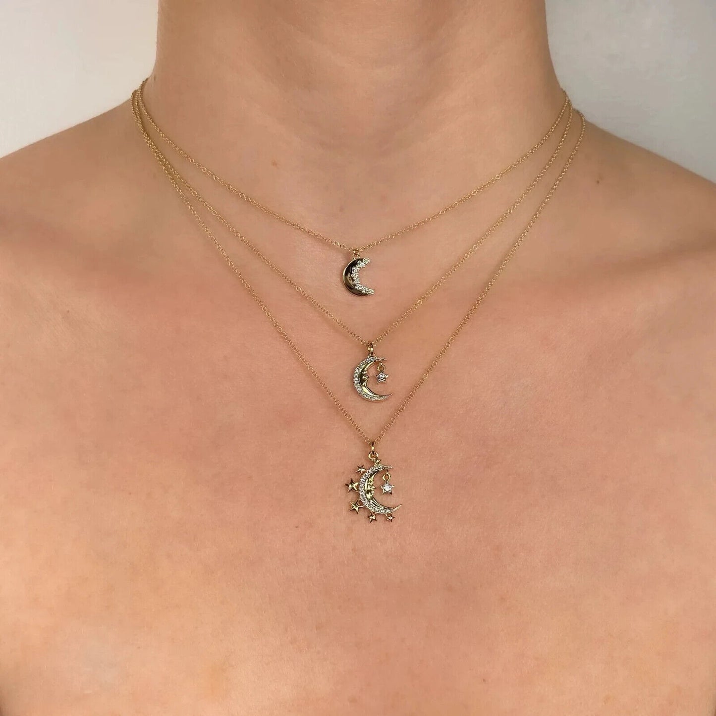 14K Gold Diamond Star Crescent Moon Necklace