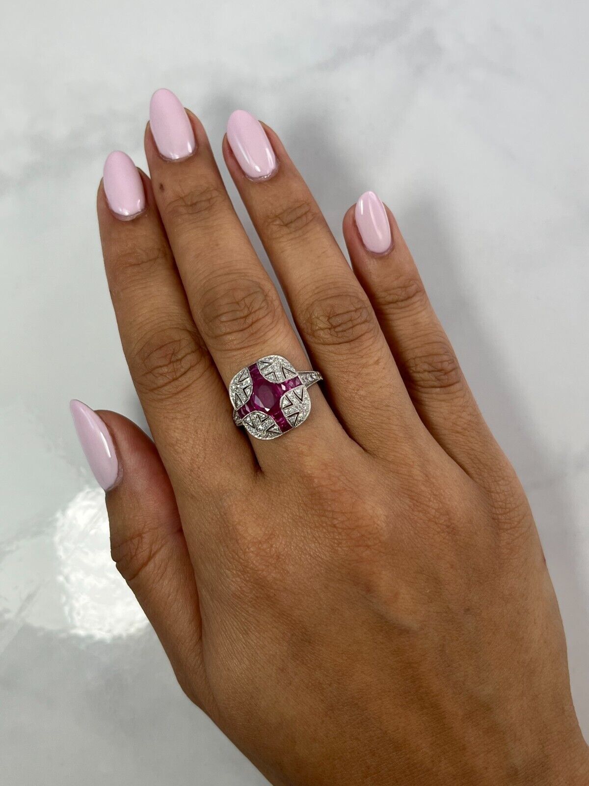 Art Deco Oval Ruby And Diamond Cocktail Ring In Platinum
