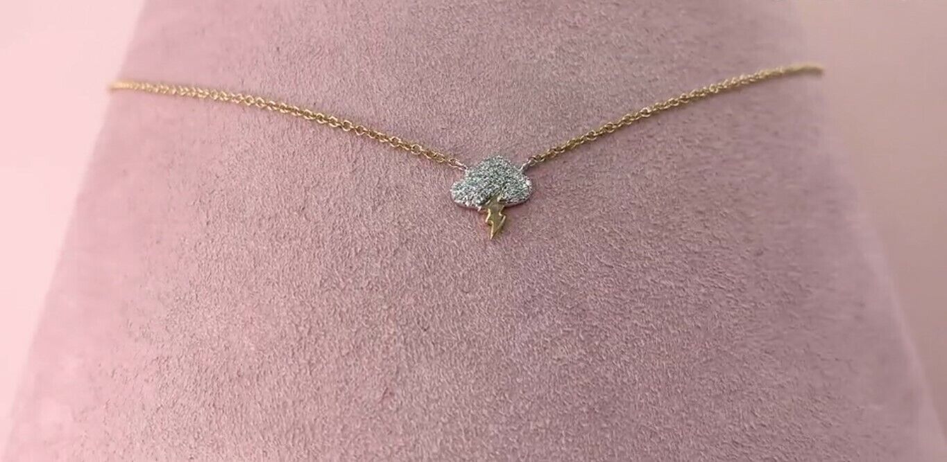 14K Gold Diamond Storm Cloud Lightning Pendant Necklace