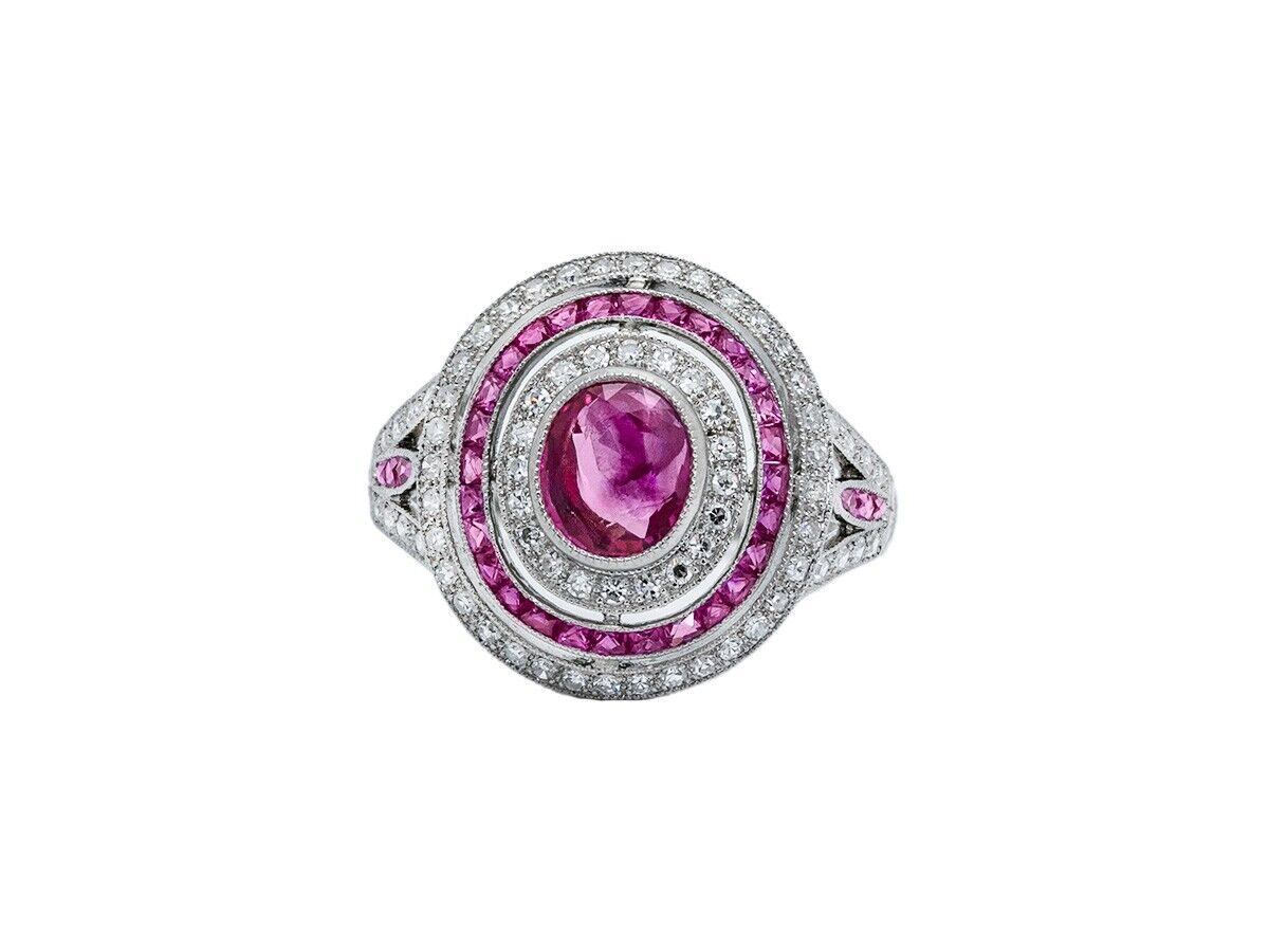 Oval Ruby Diamond Platinum Art Deco Ring Natural