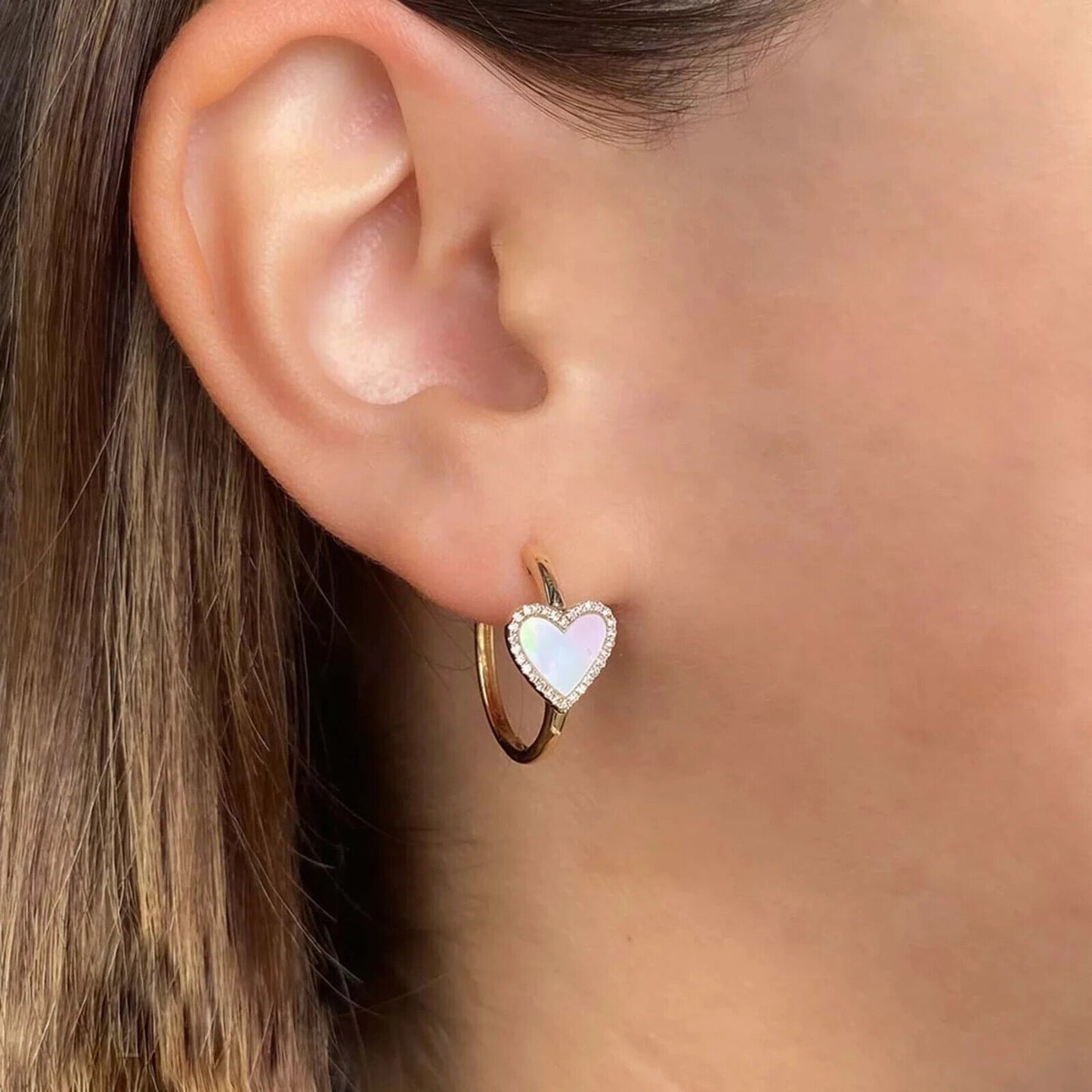 14K Gold Diamond Mother of Pearl Heart Hoop Earrings