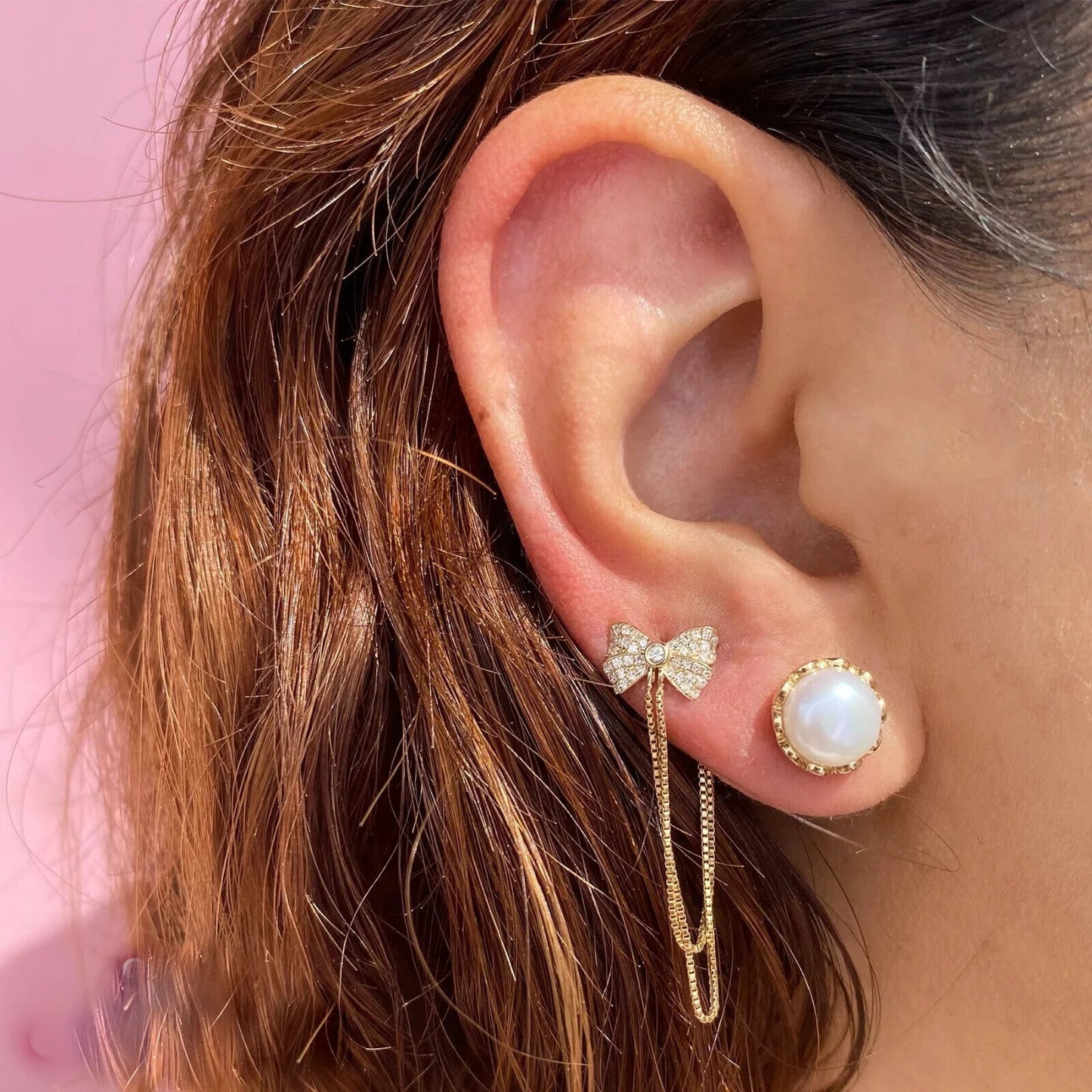 14K Gold Diamond Bow Chain Stud Earrings