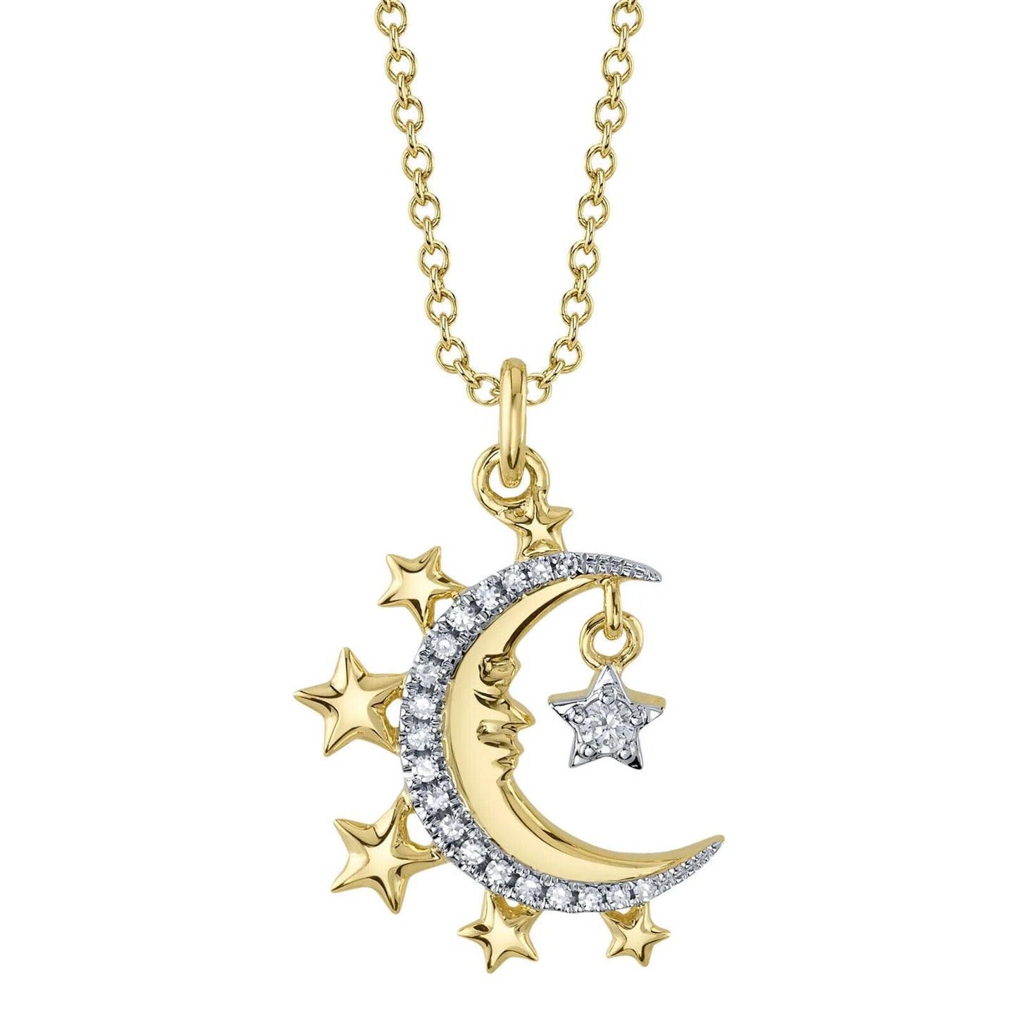 14K Gold Diamond Star Crescent Moon Necklace