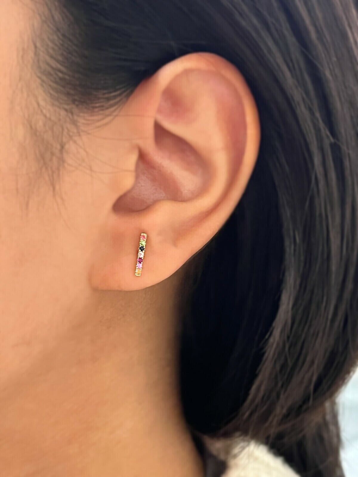 14K Gold Rainbow Gemstone Bar Stud Earrings