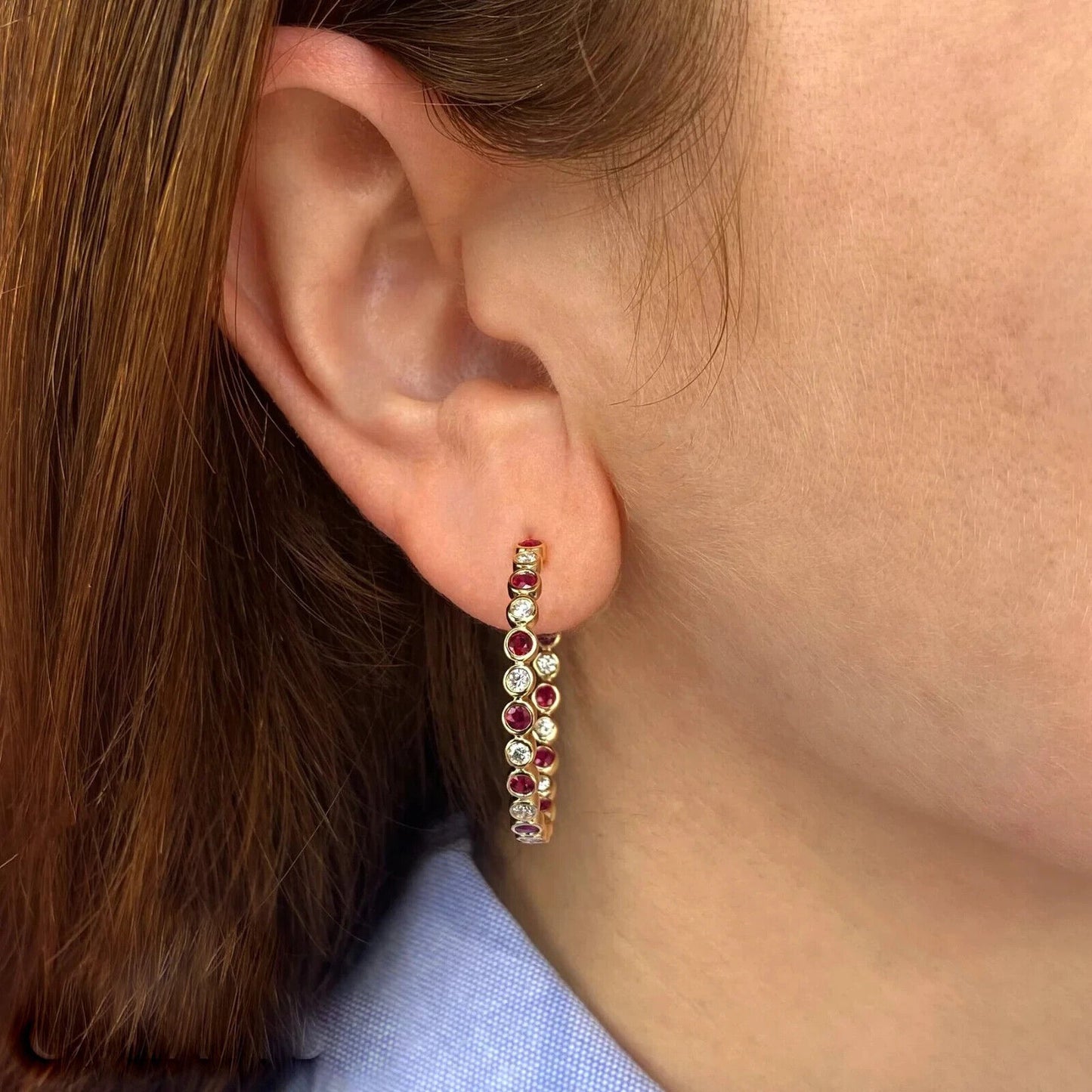 14K Gold Diamond Ruby Hoop Earrings