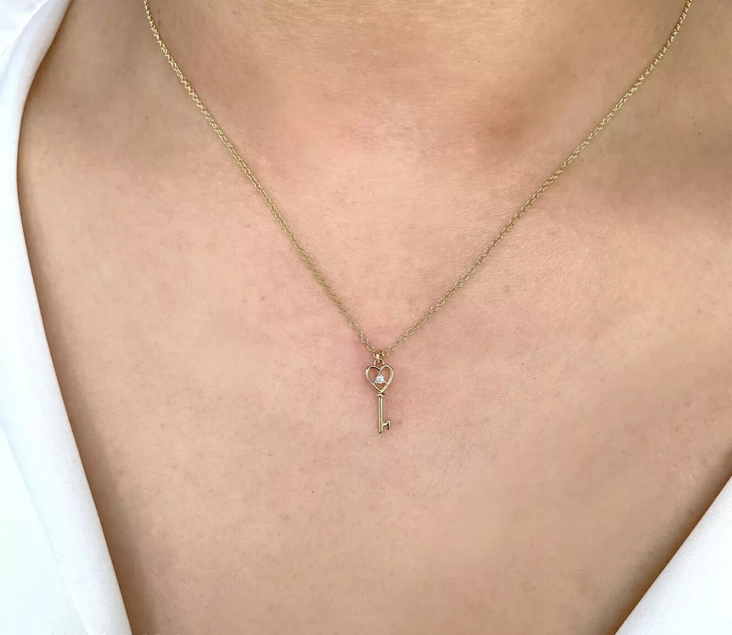 14K Gold Diamond Heart Key Necklace