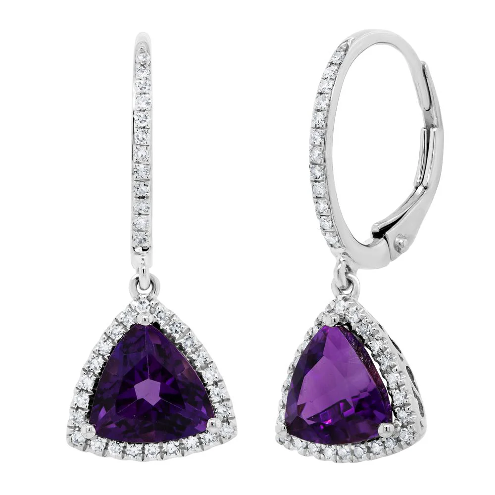 14K White Gold 3.14 CTW Triangle Amethyst/Diamond Trillion Earrings