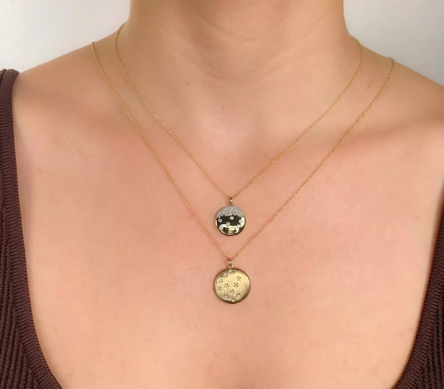 14K Gold Diamond Star Disc Circle Necklace