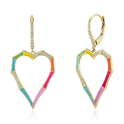 14K Gold 0.19 CT Diamond Multi Color Enamel Heart Earrings