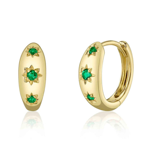 14K Gold Emerald Star Huggie Earrings