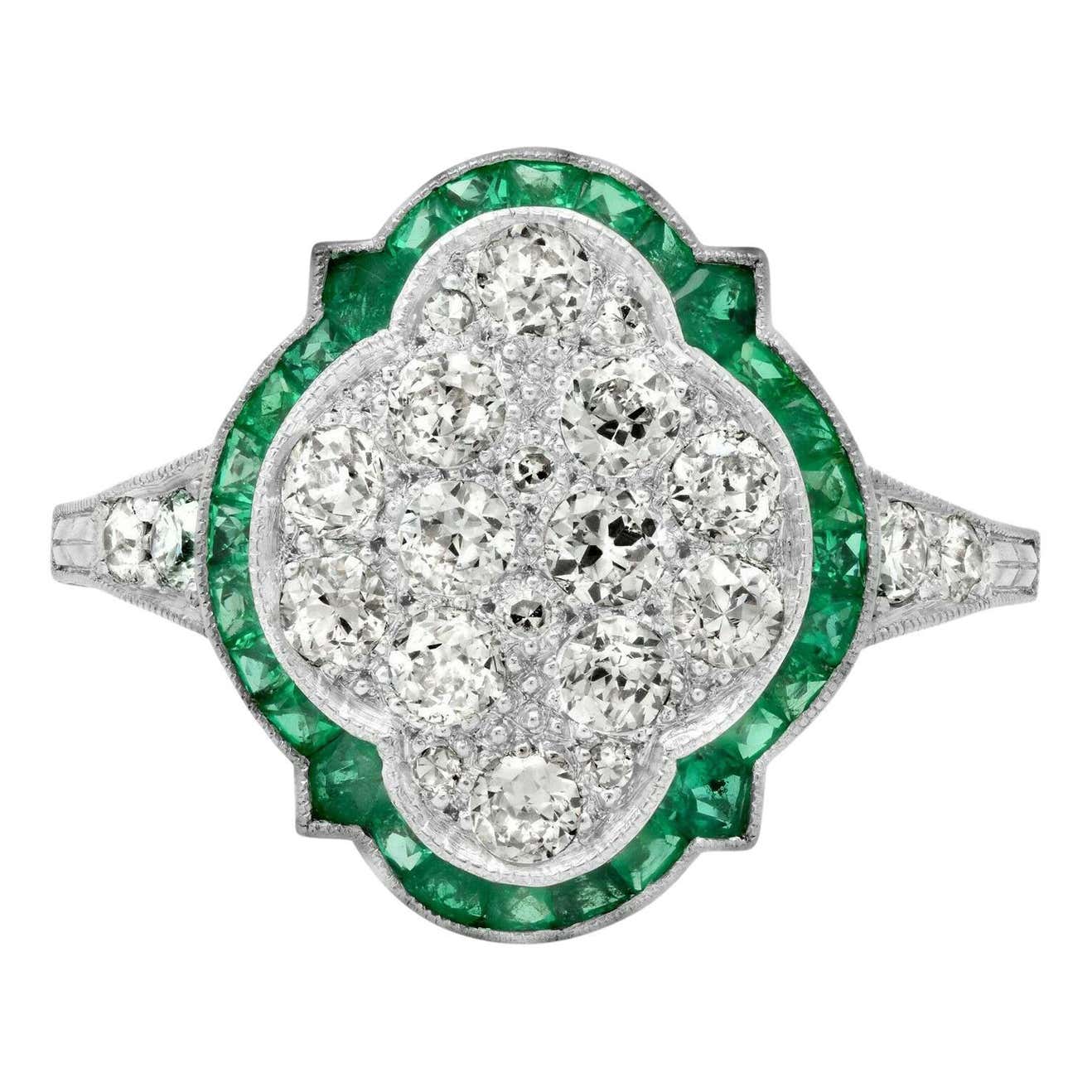 Art Deco Diamond Emerald Platinum Statement Ring Natural