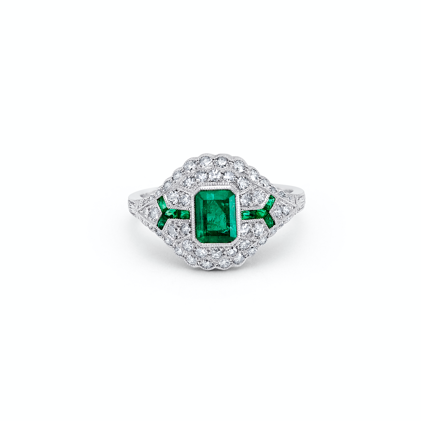 Diamond And Emerald Platinum Engagement Ring Art Deco Handmade Natural