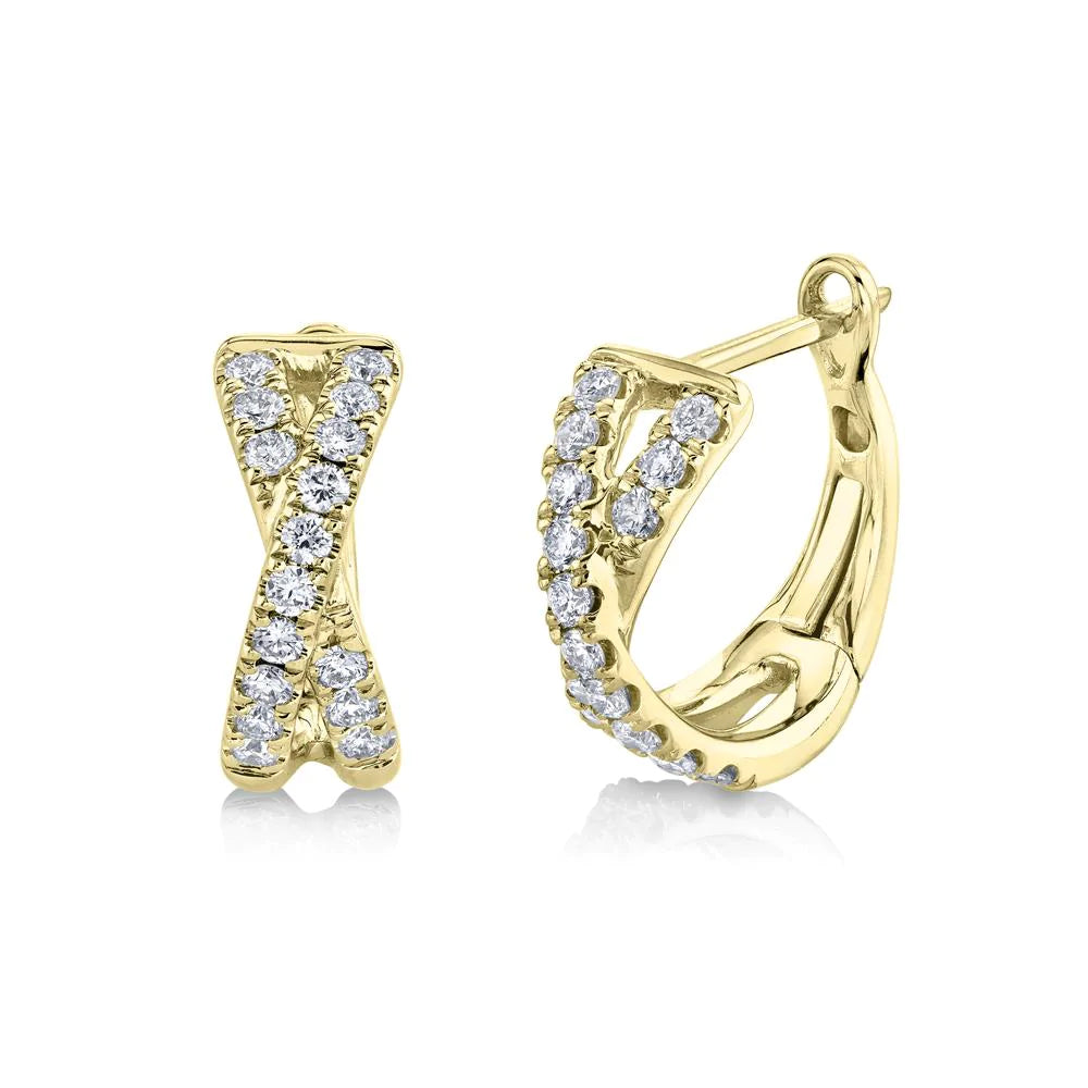 14k Gold 0.40 CT Diamond X Crossover Huggie Hoop Earrings Natural Round Cut