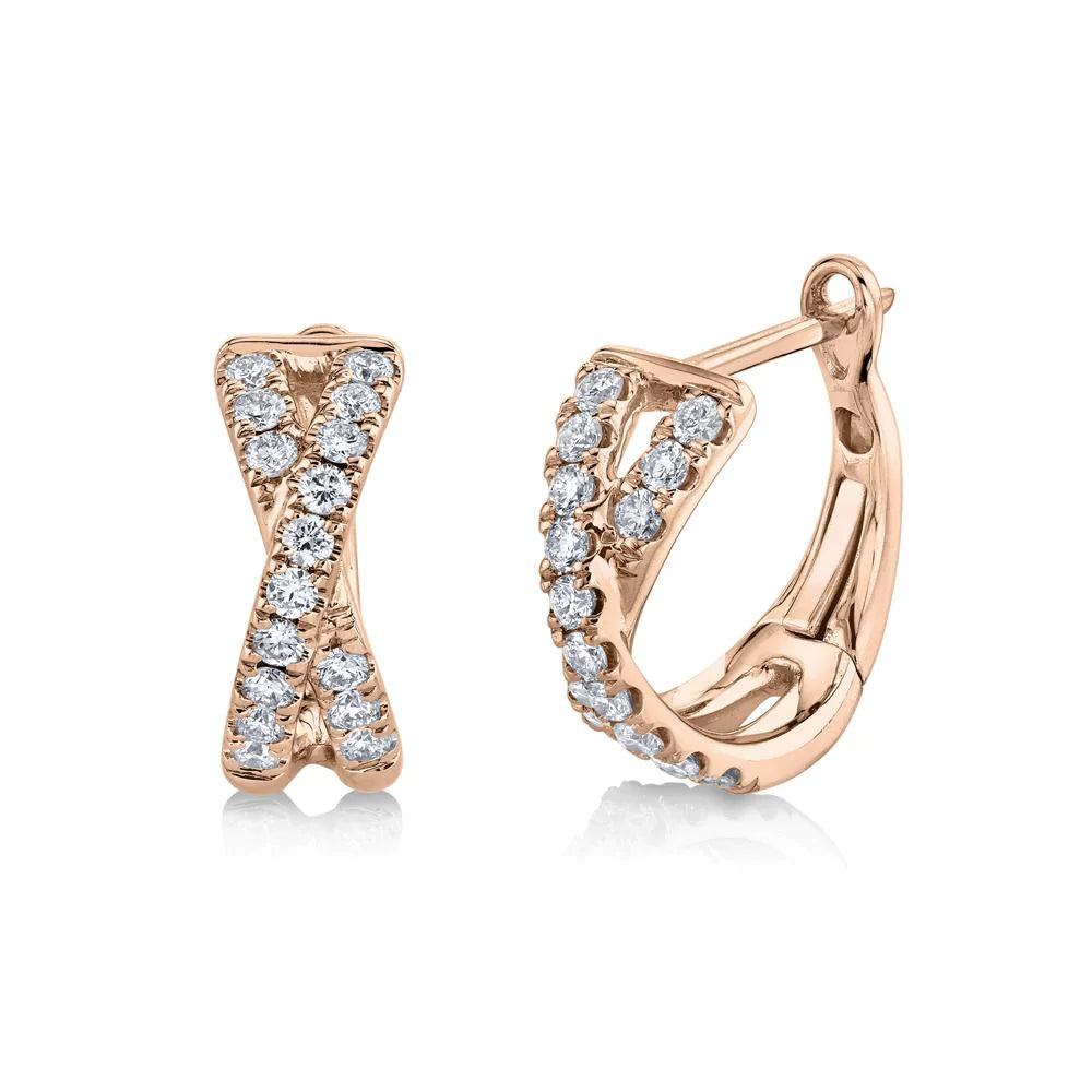 14k Gold 0.40 CT Diamond X Crossover Huggie Hoop Earrings Natural Round Cut