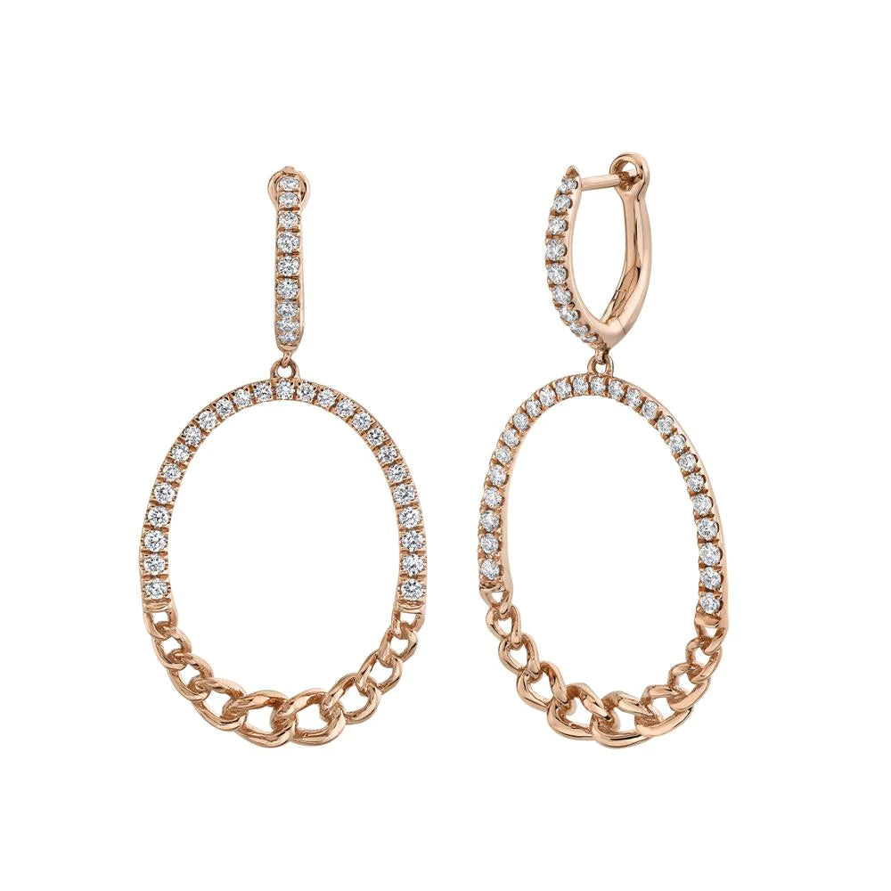 14K Gold 0.59 CT Diamond Link Chain Oval Earrings Drop Dangle Round Cut