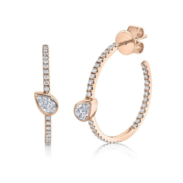 14K Gold 0.48 CT Floating Pear Diamond Hoop Earrings Round Cut Inside Out Natural