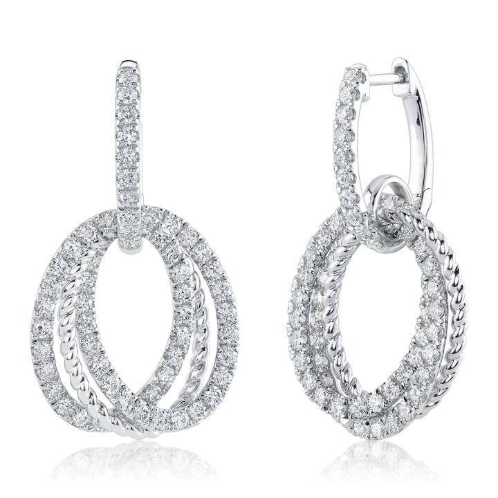 14K Gold Diamond Three-Oval Halo Dangle Earrings