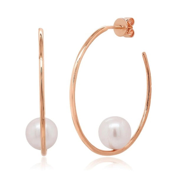 14K Gold Freshwater Pearl Hoop Earrings Natural Open Floating Unique