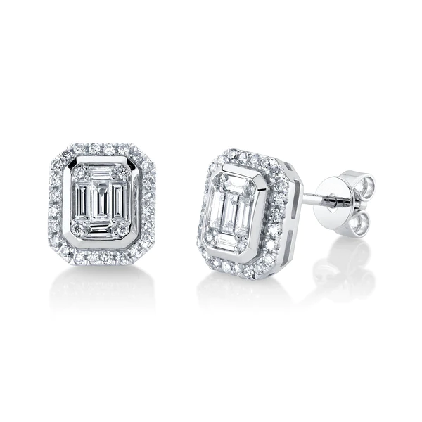 14K Gold Baguette Diamond Octagon Stud Earrings