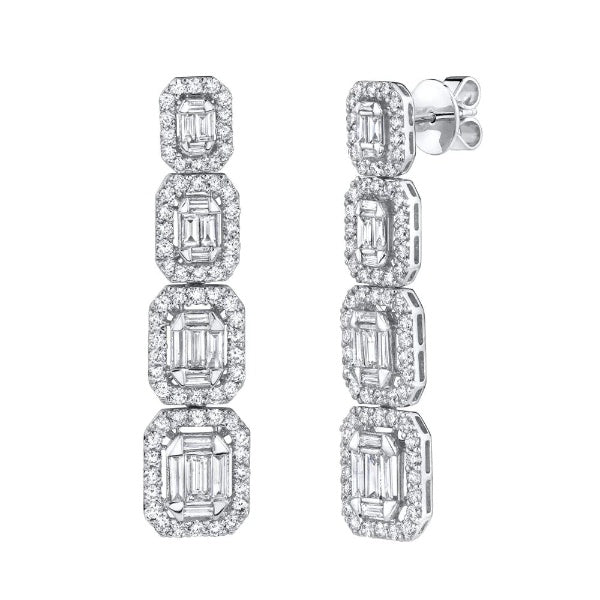 14K Gold 3.19 CT Baguette Diamond Earrings Emerald Shape Drop Dangle Natural