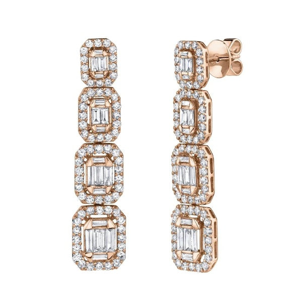 14K Gold 3.19 CT Baguette Diamond Earrings Emerald Shape Drop Dangle Natural