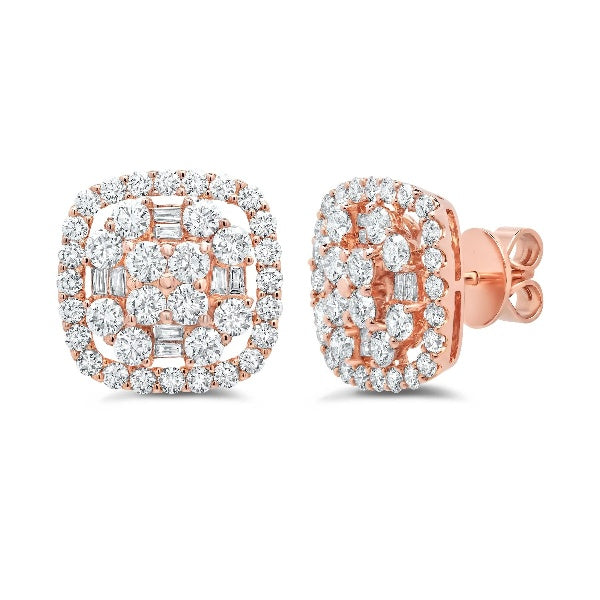18K Gold 1.94 CT Round Baguette Diamond Square Cushion Stud Earrings